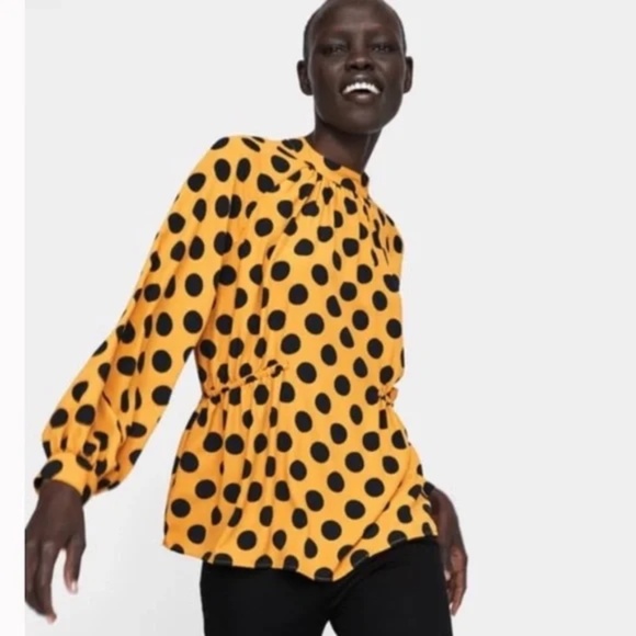 Zara Polka Dot Blouse Yellow Black Size Medium - Picture 2 of 9